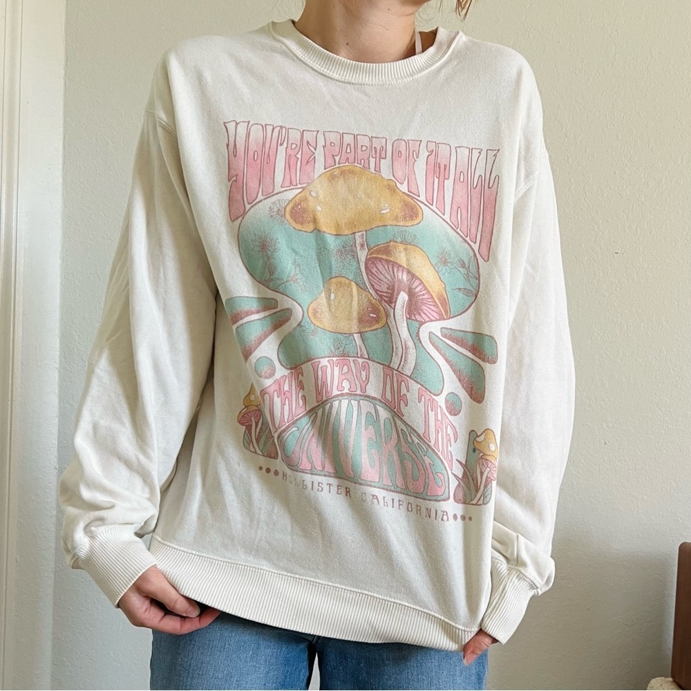 Hollister Cream and Pink Mushroom Crew Neck Sweatshirt